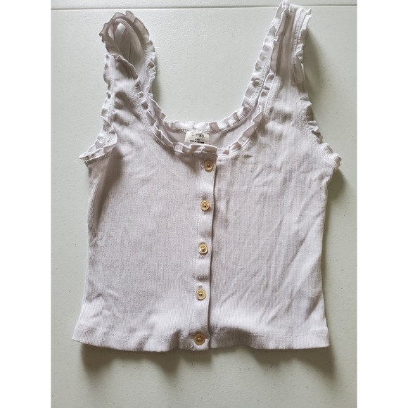 Wilfred Aritzia Ribbed Ruffle Tank Top XXS White Sleeveless‎ Cropped Henley - Picture 8 of 8